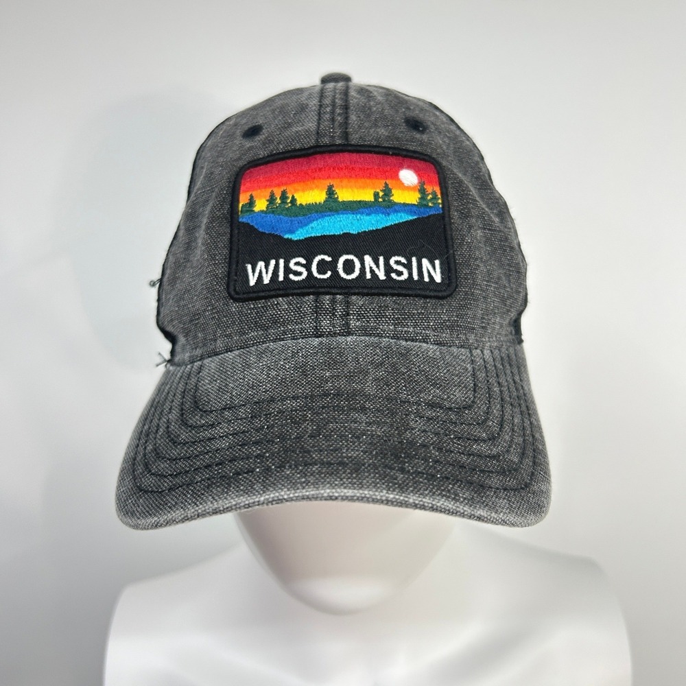Wisconsin Sunset Patch Trucker‎ Hat OSFM Black Acid Wash Cabin Core Retro Gorp